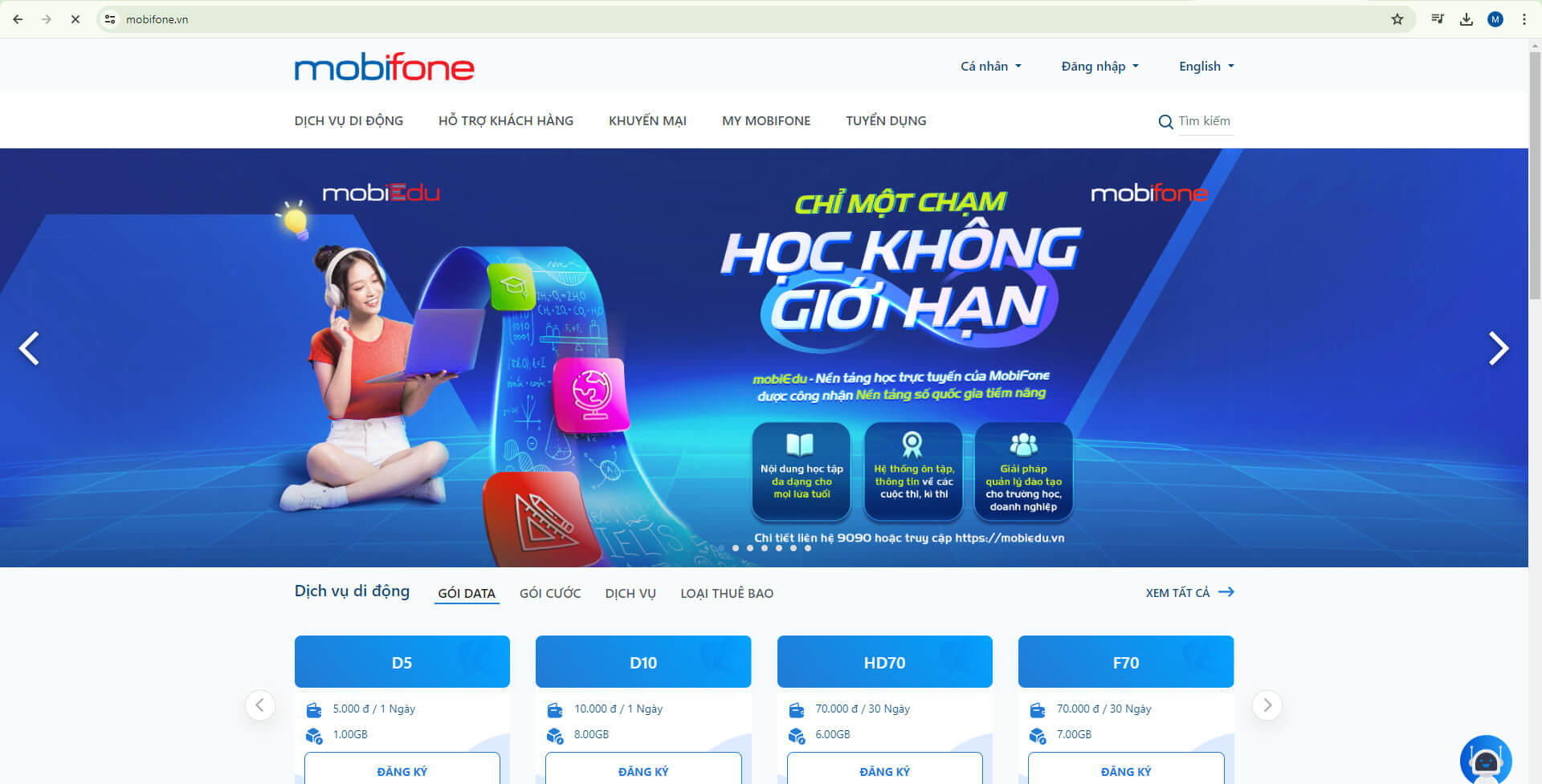 Khách hàng có thể đăng ký sử dụng dịch vụ di động trực tuyến tại website của Mobifone